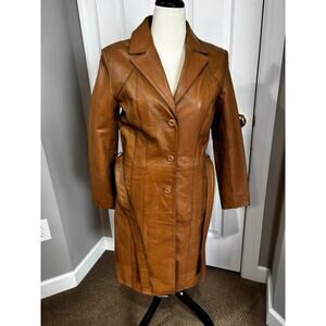 VTG Wilson's Leather Sz M Tan Trench Coat Jacket Belted Button Up